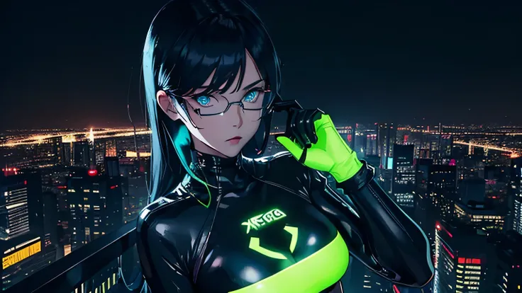 Editorial Style photo,  Aerial view, 1woman, fit-muscled body, medium breast, bright yellow eyes，dark blue hair , blue eyes, With round lenses, The audience watched carefully, (s face: 1.2), Perfect female figure, ((standing)), ((neon green Tight crop top ...