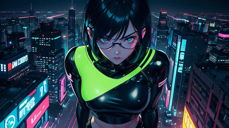 Editorial Style photo,  Aerial view, 1woman, fit-muscled body, medium breast, bright yellow eyes，dark blue hair , blue eyes, With round lenses, The audience watched carefully, (s face: 1.2), Perfect female figure, ((standing)), ((neon green Tight crop top ...