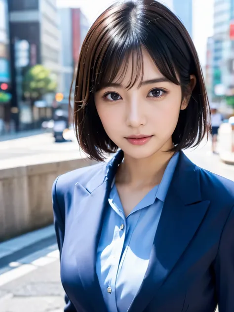 japanese actress, 30 year old beauty, perfection breasts, perfection skin, slightly wet hair, perfection, black hair, short hair、brown eyes, office lady, navy suit top and bottom, light blue shirt, rain, shiny, bright, city, See here