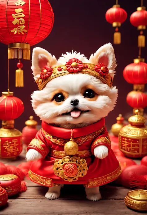 curly, with beautiful details, in ancient china, one is super cute、smiling puppy wearing bright red wedding dress. dog bride ava...