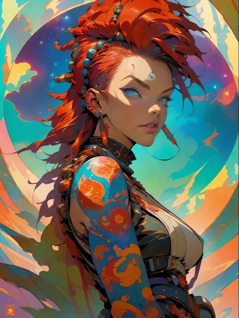 (masterpiece, top quality, best quality, official art, beautiful, cosmic, atmospheric, psychedelic, dreamlike and aesthetic:1.2), (1girl, red punk rock mohawk hair, tons of tattoos and piercings, super huge enormously gigantic tits), extreme detailed,(frac...