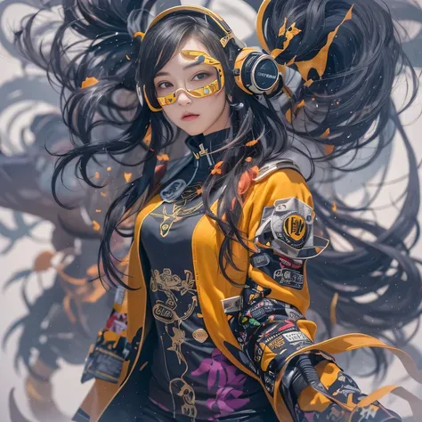 Chapter 3860 The Year of Cyberpunk（masterpiece，HD，超HD，32k lotus root starch）Bright purple flowing hair，autumn pond， lotus root starch color， Asian （Michiko）， （silk scarf）， fighting stance， looking at the ground， Orange gradient long hair， ((厚框反光翡翠Windproof...