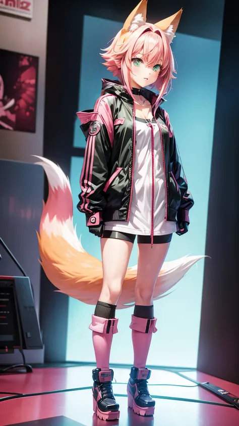 anime, girl, fox girl, nsfw, big fox ears, pink hair, hairstyle of a square, green eyes, short hair, full body, gamepad, standing position, standing