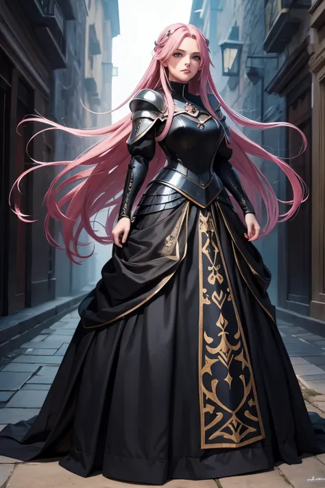 a girl, pink hair, long hair, blue eyes, long black and shiny princess dress, medieval style, medieval armor, warrior, best quality, masterpiece. 