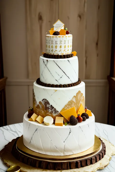 Cheese, cake, and painting united in a creative culinary art form, sources of delight separate yet interconnected. Tiered cakes, crafted meticulously from an assortment of intricately textured cheeses, rise majestically, reflecting the harmony of classic p...