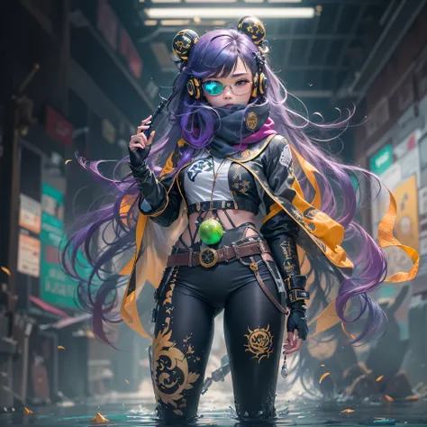 2099 cyberpunk year（masterpiece，HD，超HD，32k lotus root starch）Bright purple flowing hair，autumn pond， lotus root starch color， Asian （Michiko）， （silk scarf）， fighting stance， looking at the ground， Orange gradient long hair， ((Thick frame reflective jade wi...