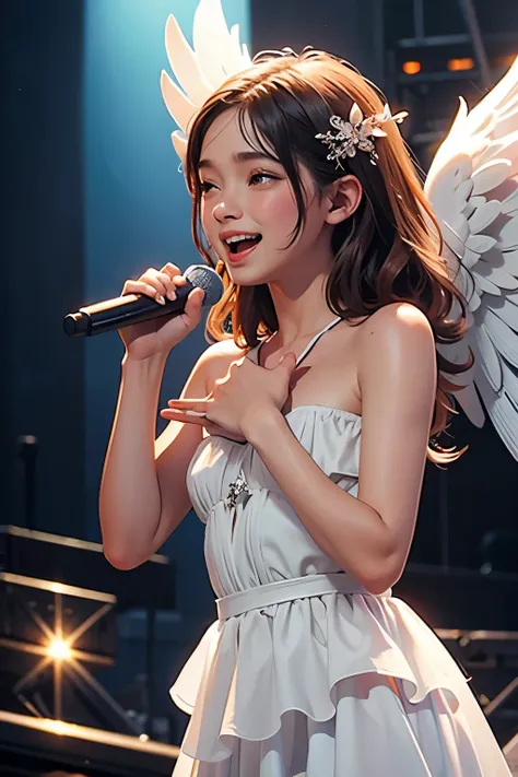 Beautiful angel girl singing on a stage