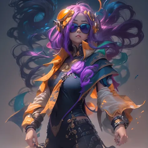 2099 cyberpunk year（masterpiece，HD，超HD，32k lotus root starch）Bright purple flowing hair，autumn pond， lotus root starch color， Asian （Michiko）， （silk scarf）， fighting stance， looking at the ground， Orange gradient long hair， ((Thick frame reflective jade wi...