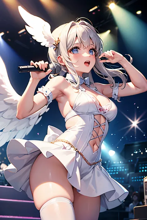 Beautiful angel girl singing on a stage