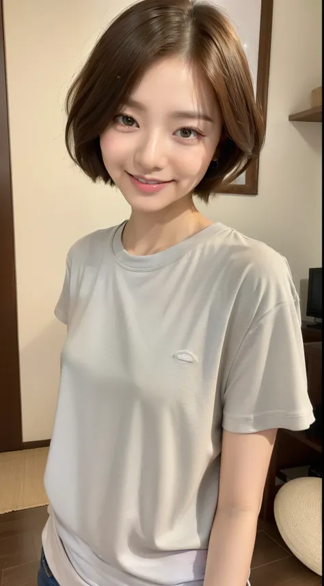 (最high quality, 8K, masterpiece: 1.3)), sharp focus, one girl, slim beauty: 1.2, brown hair, (short hair), (big: 1.5), (layer cut), fine eyes, double eyelid, cute smile, closed your mouth, surreal, Super detailed, high quality, Highly detailed face and ski...