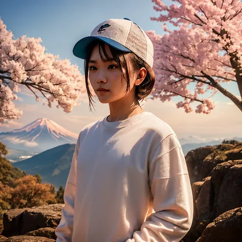 Photo of an Indonesian man wearing a cap, wearing a winter Lacoste light blue sweater  wearing sneakers standing in front of Mount Fuji and cherry trees, bright afternoon atmosphere, high quality photo, ultra HD, very detailed, 32HD Best quality, 4K, 8K, A...