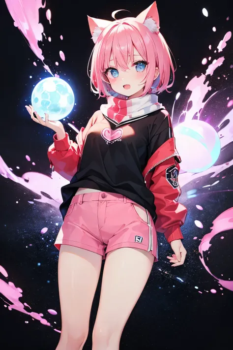 NSFW、Very beautiful and shining eyes、shining eyes、1 girl、small breasts、big mouth、high school girl、small breasts、Cat ear、Transparent pink short hair、scarf、hot pants、Near the future、neon、balls of light、magic、magic使い