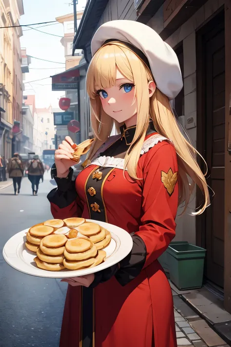 A blonde girl in a Russian national costume feeds a cat pancakes, to the streets, hen house, 4k, ultra quality