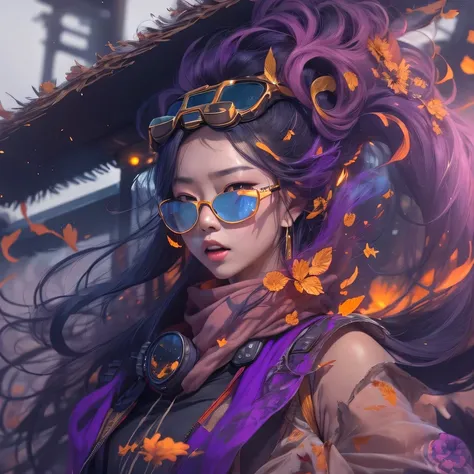 2099 cyberpunk year（masterpiece，HD，超HD，32k lotus root starch）Bright purple flowing hair，autumn pond， lotus root starch color， Asian （Michiko）， （silk scarf）， fighting stance， looking at the ground， Orange gradient long hair， ((Thick frame reflective jade wi...