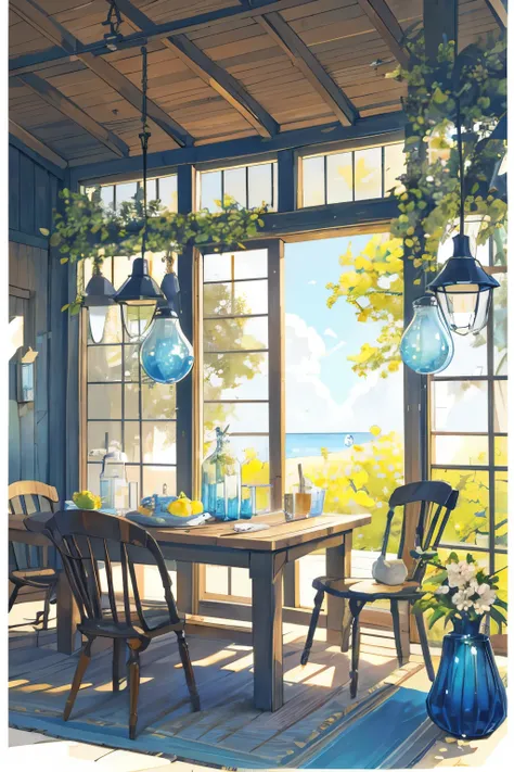 A tranquil scene sets before you, as a table adorned with an array of glasses filled to the brim with refreshing lemonade rests on a weathered wooden table. The background is embellished with a soothing blue hue, casting a cool and calming ambiance over th...