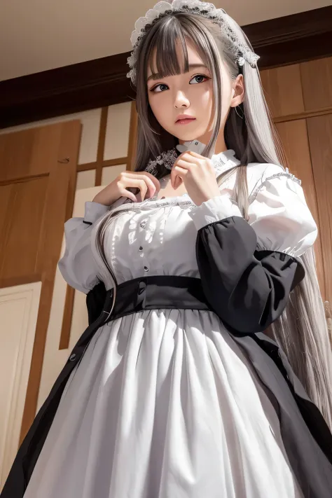 In maid clothes 、hair ornaments、whole body、Image seen from below、one beautiful maid、medium-long silver hair、indoor