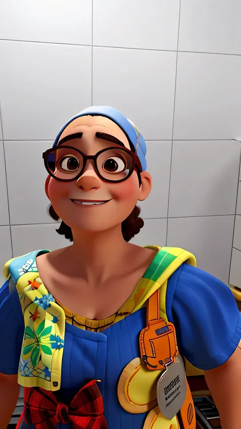 A middle-aged brunette woman wearing glasses and a chef&#39;s cap standing in the kitchen, tendo como pano de fundo uma cozinha com utilidades domesticas, estilo Disney Pixar alta qualidade, melhor qualidade