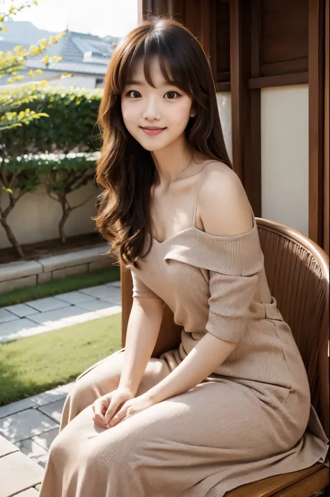 Female Japanese sitting on café terrace, Elegant, long curly hair, turn, off shoulders, large round eyes, Sunlight, with round face, With bangs, Brown eyes, narrow forehead, a baby face, Tear bag, smile, Large front teeth are slightly visible, long skirt,