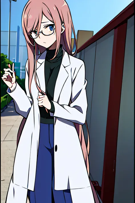 anime, female, wearing a long labcoat, carrying scientific stuff, behind a laboratory, wearing glasses, high quality