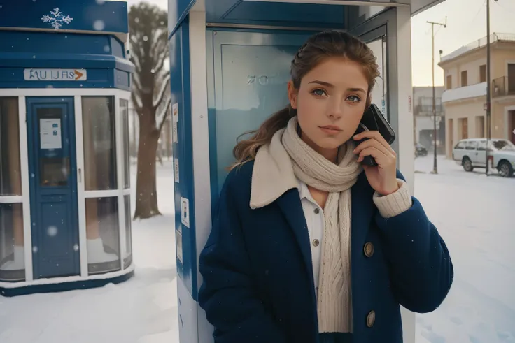 Huelva, Spain, 2002. ((((20-year-old)) Inés)), light eyes, talking on a phone booth in a winter location. ((((casual winter clothings from the 2000s)))), ((hairstyle of the 2000s))