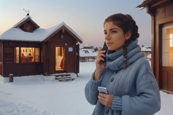 Huelva, Spain, 2002. ((((20-year-old)) Inés)), light eyes, talking on a phone in a winter village location. ((((casual winter clothings from the 2000s)))), ((hairstyle of the 2000s))