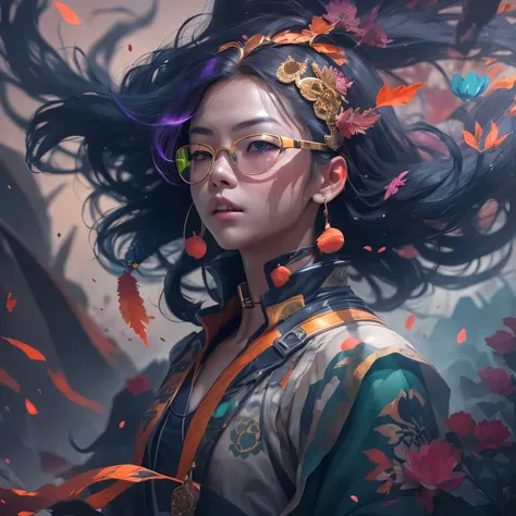 2099 cyberpunk year（masterpiece，HD，超HD，32k lotus root starch）Bright purple flowing hair，autumn pond， lotus root starch color， Asian （Michiko）， （silk scarf）， fighting stance， looking at the ground， Orange gradient long hair， ((Thick frame reflective jade wi...