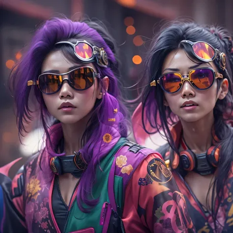 2099 cyberpunk year（masterpiece，HD，超HD，32k lotus root starch）Bright purple flowing hair，autumn pond， lotus root starch color， Asian （Michiko）， （silk scarf）， fighting stance， looking at the ground， Orange gradient long hair， ((Thick frame reflective jade wi...