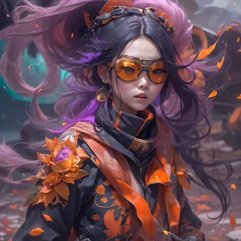 2099 cyberpunk year（masterpiece，HD，超HD，32k lotus root starch）Bright purple flowing hair，autumn pond， lotus root starch color， Asian （Michiko）， （silk scarf）， fighting stance， looking at the ground， Orange gradient long hair， ((Thick frame reflective jade wi...