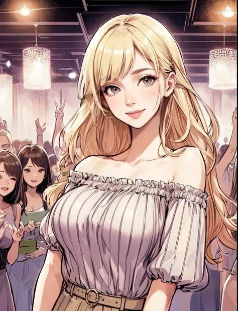 1lady standing, (stylish and chic outfit) comfortable, mature female, /(blond hair/) bangs, kind smile, (masterpiece best quality:1.2) delicate illustration ultra-detailed, large breasts BREAK (club dance hall:1.2) indoors, young people, crowded