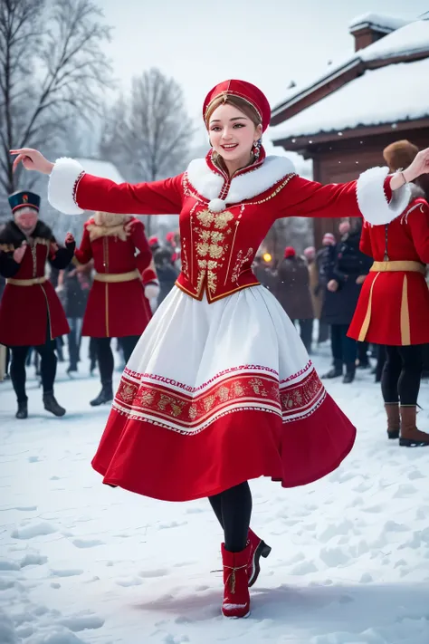 People dance in Russian national costumes, kokoshniks, winter, 4k, overall plan, ultra quality