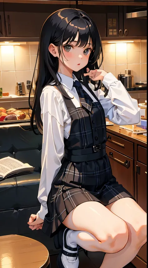 (short cute girl，small young student，young delicate girl）,（masterpiece，Top quality)，squat，long black hair，Plaid beige skirt