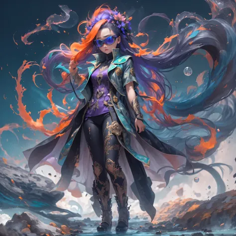 2679 Cyberpunk Year（masterpiece，HD，超HD，32k lotus root starch）Bright purple flowing hair，autumn pond， lotus root starch color， Asian （Michiko）， （silk scarf）， fighting stance， looking at the ground， Orange gradient long hair， ((Thick frame reflective jade wi...