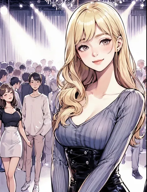 1lady standing, (stylish and chic outfit) comfortable, mature female, /(blond hair/) bangs, blush kind smile, (masterpiece best quality:1.2) delicate illustration ultra-detailed, large breasts BREAK (club dance hall:1.2) indoors, young people, crowded