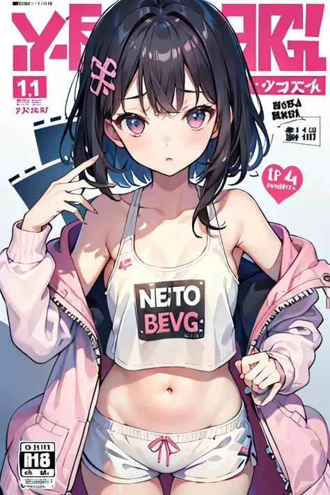 NSFW、pretty girl、((oversize jacket、Tank top、white pink hot pants、14 years old、Slender Beautiful Girl、baby face、messy hair：1.1))、I can see your stomach、(magazine:1.3), (cover-style:1.3), 