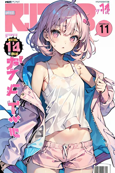 NSFW、pretty girl、((oversize jacket、Tank top、white pink hot pants、14 years old、Slender Beautiful Girl、baby face、messy hair：1.1))、I can see your stomach、(magazine:1.3), (cover-style:1.3), provocative pose