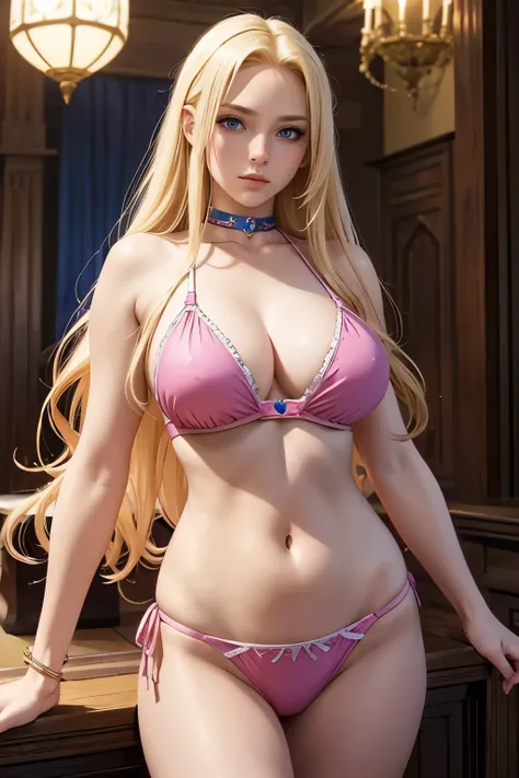 a girl, blonde  hair, long hair, blue eyes, pink shiny bikini, medieval style, medieval armor, warrior, best quality, masterpiece, in the queens room 