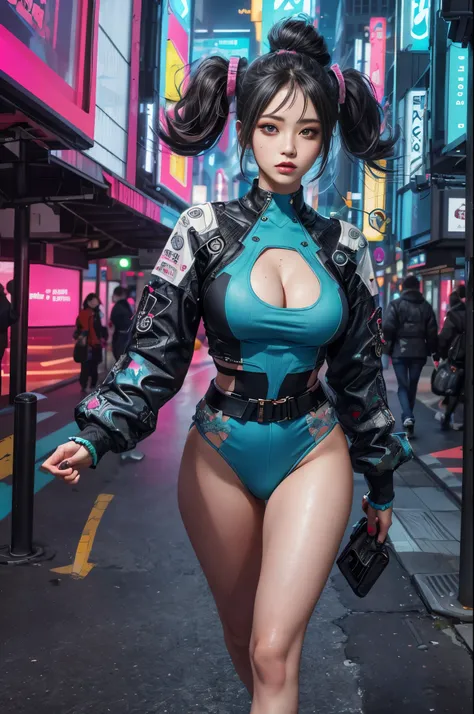 8k，masterpiece, best quality, Confident cyberpunk girl, full-body shot, Harajuku-style fashionable clothing, Bold colors and patterns, eye-catching accessories, Stylish and innovative hairstyle, Vibrant makeup, Cyberpunk’s dizzying cityscapes, skyscraper, ...