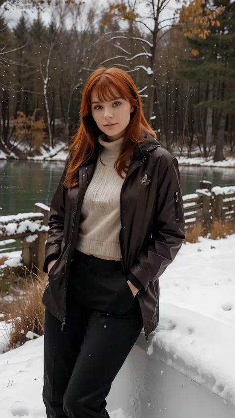 jeune femme, 28 ans, rousse, neige, foret, lac, montagne, assise, pantalon marron, manteau orange, rottweiler