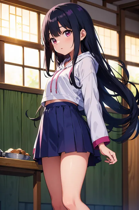 countryside　Japanese house from the Showa era　elementary school girl　8-year-old　flat chest　black hair　long hair　eyes are purple　（（1 person））　Hooded hoodie with upper body pink　Lower body navy blue mini skirt　white panties　white socks　I&#39;m standing in a ...