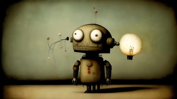 retro bipedal robot, earth color, punk, Happy, Optimistic, don hertzfeldt, Hieronymus Bosch, Gabriel Pacheco、cute、人に好かれる魅力Hieronymus Bosch, Gabriel Pacheco、old warehouse background、Electric bulb from above the lighting robot、dark storeroom