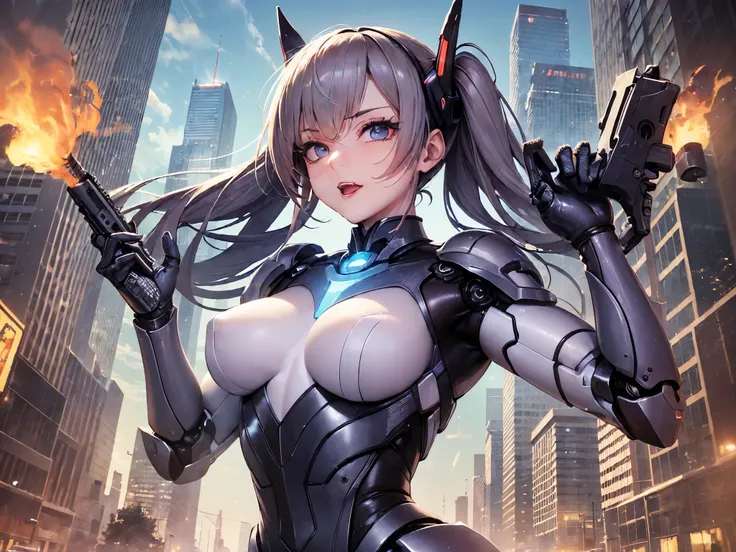 ((highest quality)),(ultra high resolution),(Super detailed),(detailed description),((best CG)),(best work of art),super precision art,great drawing art,(Sci-fi art with precise details:1.5), (One female robot:1.6),(beautiful and well-shaped face:1.5),((A ...