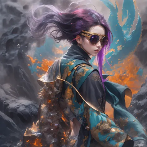 2679 Cyberpunk Year（masterpiece，HD，超HD，32k lotus root starch）Bright purple flowing hair，autumn pond， lotus root starch color， Asian （Michiko）， （silk scarf）， fighting stance， looking at the ground， Orange gradient long hair， ((Thick frame reflective jade wi...