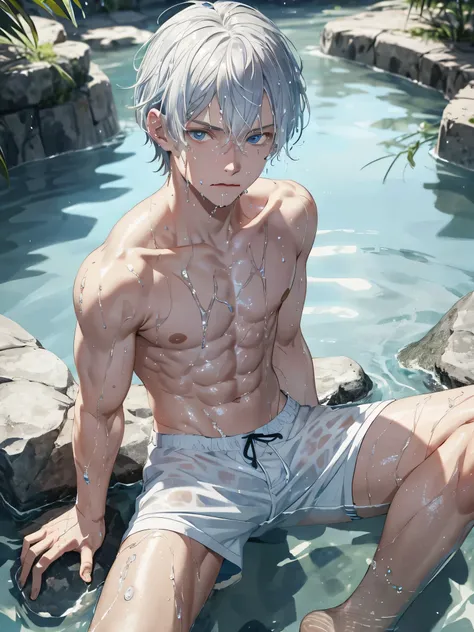 1 boy, Silver hair and blue eyes, male focus, Pouting, shirtless, white shorts, barefoot, (arm support: 1.1), (Partially submerged: 1.1), sitting, (wet: 1.4), cowboy shooting, look up, looking at the audience, from above, from the front, water, playing in ...