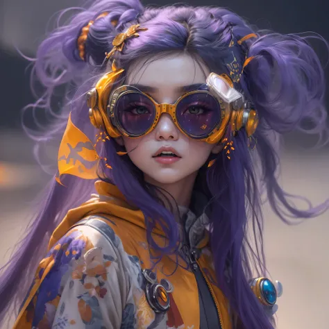 2679 Cyberpunk Year（masterpiece，HD，超HD，32k lotus root starch）Bright purple flowing hair，autumn pond， lotus root starch color， Asian （Michiko）， （silk scarf）， fighting stance， looking at the ground， Orange gradient long hair， ((Thick frame reflective jade wi...