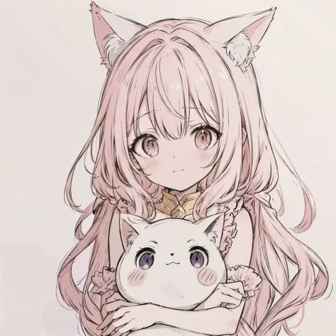 masterpiece, best quality, sketch, eyes visible through hair,cute, light blush, cute face, laughing, pink hair, cat ears, arm_su...