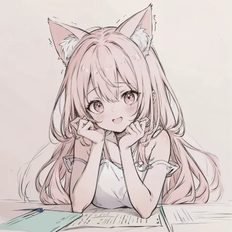 masterpiece, best quality, sketch, eyes visible through hair,cute, light blush, cute face, laughing, pink hair, cat ears, arm_su...