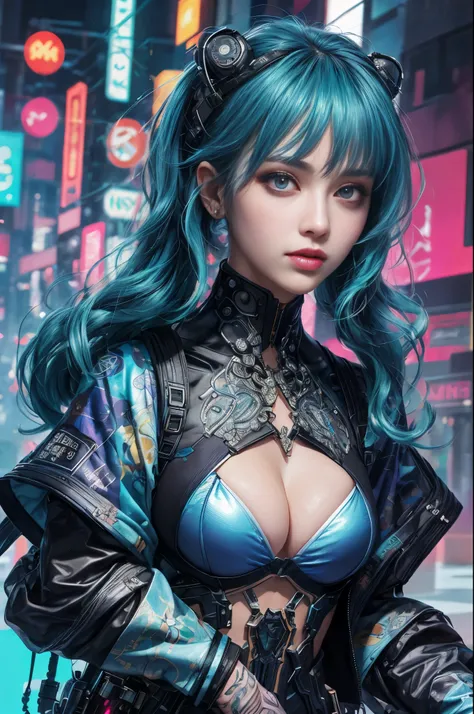 8k，masterpiece, best quality, Confident cyberpunk girl, full-body shot, Harajuku-style fashionable clothing, Bold colors and patterns, eye-catching accessories, Stylish and innovative hairstyle, Vibrant makeup, Cyberpunk’s dizzying cityscapes, skyscraper, ...