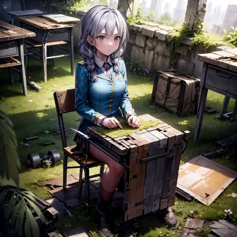 Concept art of a post-apocalyptic world with ruins, overgrown plants, flat chest，((the only girl who survived))，The content is very detailed,Detail view，anime，master piece，dilapidated building right sun，Dilapidated classrooms，Shabby table，Broken chair，open...