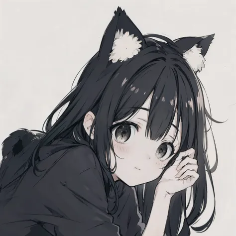 masterpiece, best quality, sketch, eyes visible through hair,cute, light blush, cute face, laughing, black hair, cat ears, arm_s...