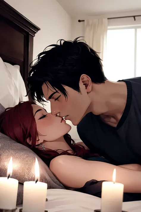 Boy and woman, beautiful woman, kissing each other with passion, in a bedroom, bright room, candles lit, night time,